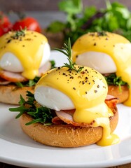 A plate of eggs benedict with ham and greens