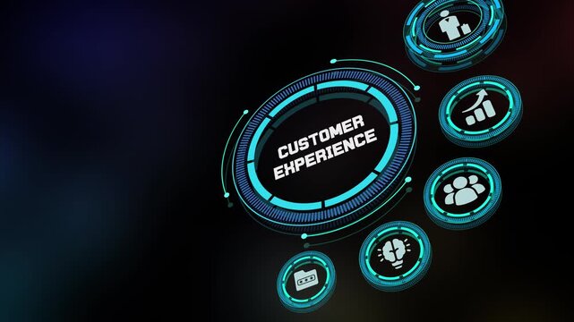High-tech digital HUD interface illustrating customer experience optimization with futuristic elements reflecting engagement, service quality and satisfaction.