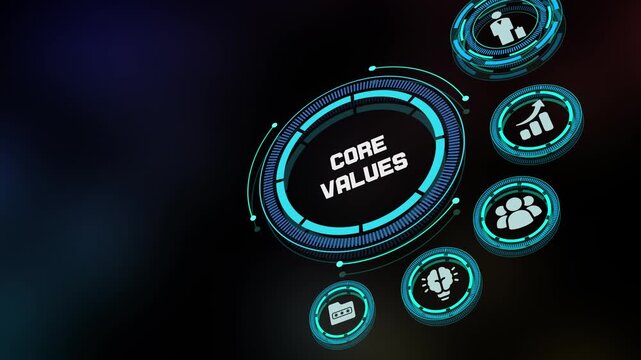 Corporate core values and company culture concept with icons for integrity, ethics, teamwork, and foundational business principles.