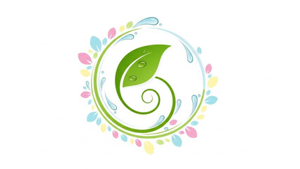Fototapeta premium Green Leaf Spiral Logo with Colorful Petals on White Background