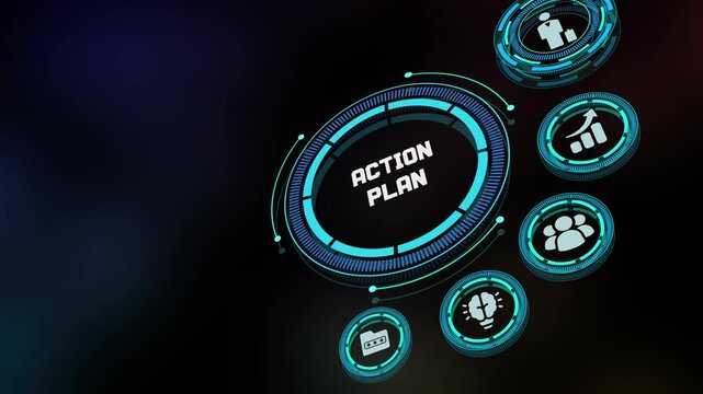 Business action plan and strategic management concept with flat line icons for project development, task organization, and success roadmap.