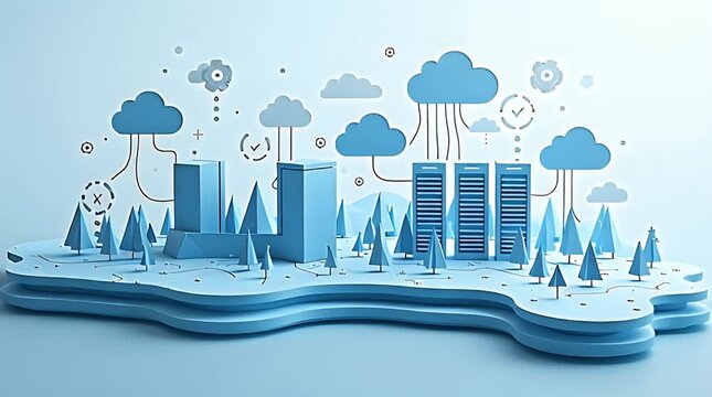 Layered paper-cut floating landscape with data centers, cloud icons, servers, cables, and digital pathways, symbolizing modern digital infrastructure and cloud computing, cool tones, minimal tech illu
