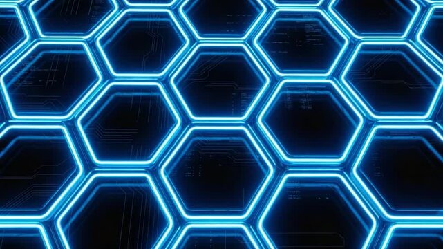 A high-tech digital graphic shows a detailed hexagonal grid with illuminated blue lines creating an abstract and futuristic feel. 