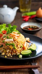 A plate of fried rice with vegetables and lime on a wooden table