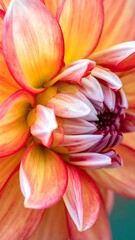 Obraz premium Detailed close-up of a dahlia, revealing soft layers of peach, orange, and white petals, capturing its intricate beauty