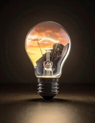 Lightbulb reflecting a sunset landscape with mountains; sitting on a wood surface