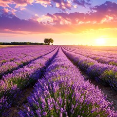 Obraz premium Lavender field at sunset with beautiful purple and orange sky hues