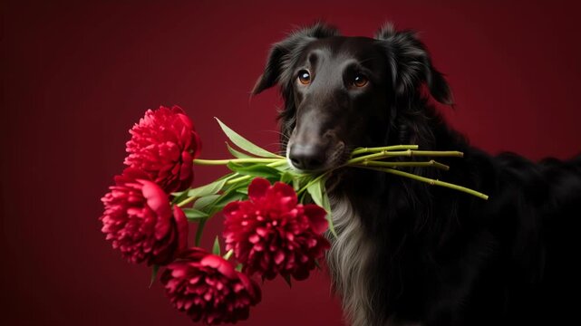 Black Borzoi dog holding a bouquet of red peonies in its mouth. Elegant pet portrait on a dark red background. Gift and celebration concept. Cinematic studio footage
