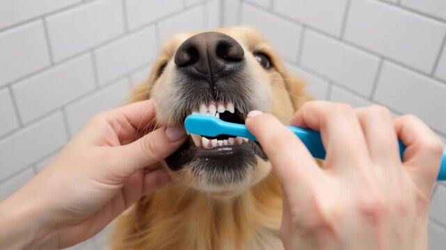 Close-up of a golden retriever getting its teeth brushed. Person cleaning dog's teeth with a blue toothbrush in a bathroom. Pet dental hygiene and health care concept