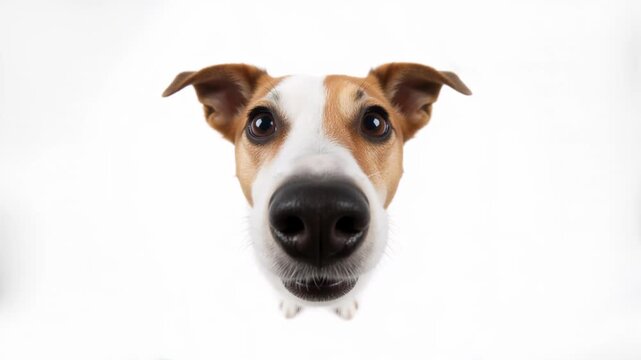 Close-up of a curious dog sniffing the camera lens. Fisheye view of a Jack Russell Terrier on a white background. Funny pet behavior and curiosity concept. Looping video