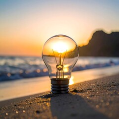 Lightbulb sits on a beach with sunset reflecting inside, ocean background, highlighting creativity and innovation