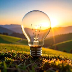 Lightbulb rests in a field with mountains and a vibrant sunset in the background, bright and hopeful