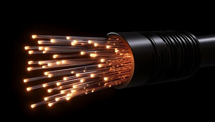Close up of glowing orange fiber optic cables transmitting data in darkness orange light data transfer