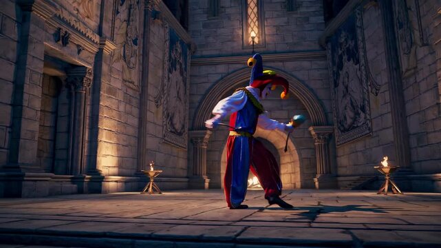 A jester dances in a medieval stone hall, captured from a low-angle, enhancing the grandeur. The video evokes a whimsical, historical atmosphere.
