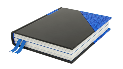 Black Journal with Blue Geometric Accents and Ribbons