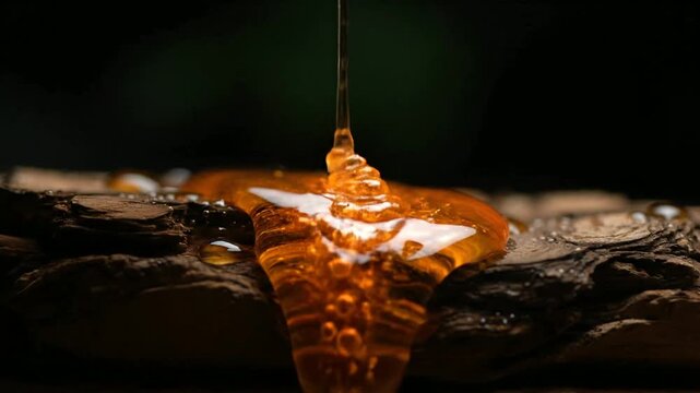 Honey Dripping on Dark Surface Closeup.