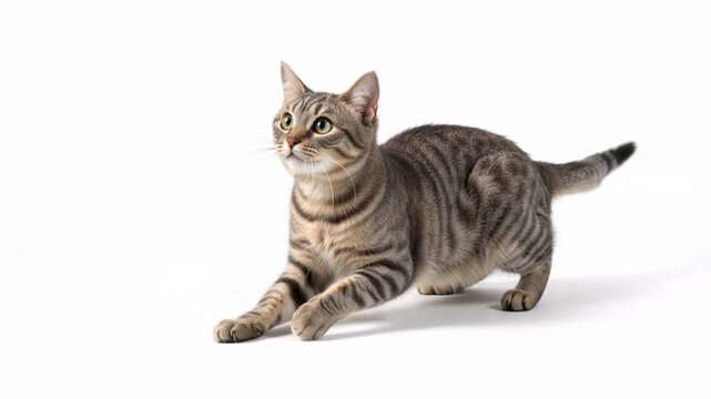 Tabby cat crouching and preparing to pounce on a white background. Playful domestic feline looking up in a studio setting. Feline behavior and pet care concept