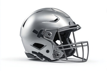 Metallic football helmet side view, silver protective gear, modern sports equipment, safety design, clean minimal studio style