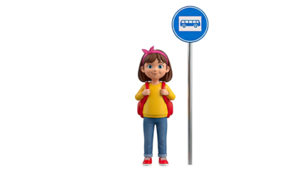 Cartoon Girl with Backpack at Bus Stop