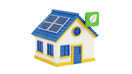 Cartoon House with Solar Panels and Green Leaf Icon