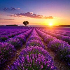 Obraz premium Lavender field in bloom at sunset, with a single tree on the horizon under a vibrant orange and pink sky