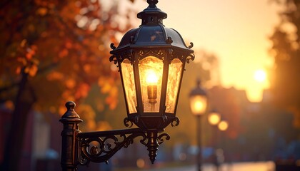 Illuminated ornate black lamppost glows at sunset in a cityscape with autumnal trees and soft, golden light