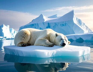 A polar bear rests on a floating iceberg