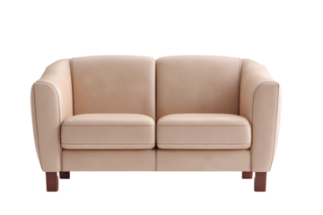 Modern beige loveseat with wooden legs isolated on transparent background