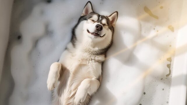 Siberian husky dog enjoying a bubble bath. Happy pet lying on its back in soapy foam with eyes closed. Dog grooming and relaxation concept