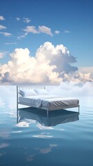 A serene scene with a bed floating on water, surrounded by blue sky and fluffy clouds