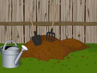 Set of gardening tools and watering can on fresh soil patch