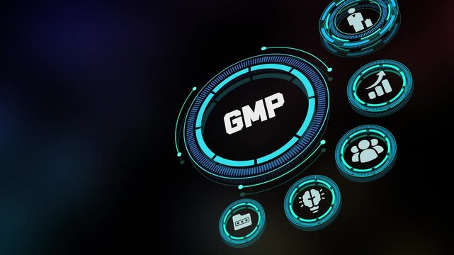 GMP Good Manufacturing Practice Compliance Icon for Industrial Quality Control and Pharmaceutical Regulatory Standards.