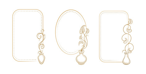 Botanical vertical frame set with apothecary bottles. Vector decorative borders for labels design