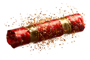 Christmas cracker with gold confetti isolated on transparent background