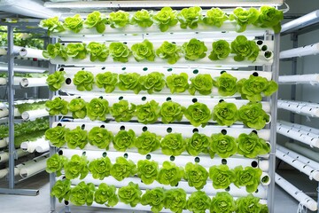Vertical hydroponic farming system growing fresh green lettuce indoors