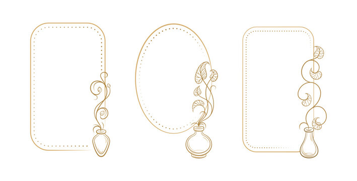Botanical vertical frame set with apothecary bottles. Vector decorative borders for labels design