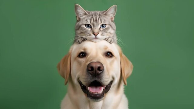 Cat sitting on a dog's head on a green background. Funny yellow Labrador Retriever and grey tabby cat portrait. Looping video for pet shop or veterinary clinic ad