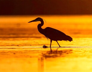 A serene silhouette of a bird wading through shallow water at sunset
