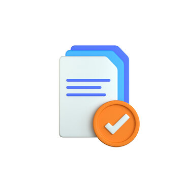 Stack of 3D documents with a large orange checkmark circle indicating successful file approval or task completion