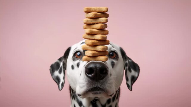 Dalmatian dog balancing a stack of biscuits on its nose. Patient pet performing a trick against a pink background. Looping video of obedient canine. Pet training and discipline concept