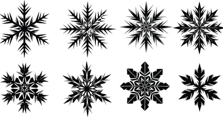 Collection of black silhouette snowflake vector icons, crystalline winter frozen ice symbols, set of geometric cold season weather decorative elements for holiday design.