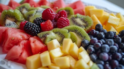 Platter featuring colorful arrangement of cut fresh fruit including kiwi, berries.