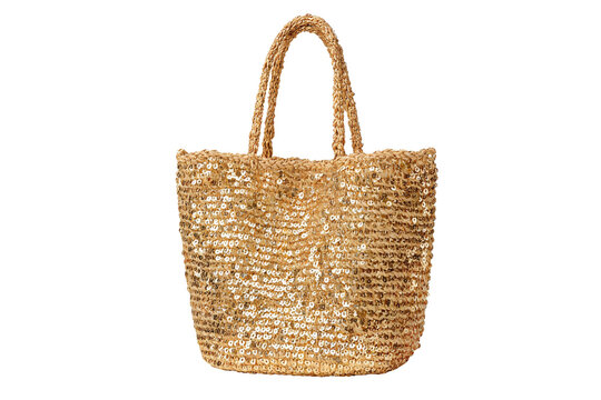 Woven Straw Tote Bag with Sequins, Isolated on White Background
