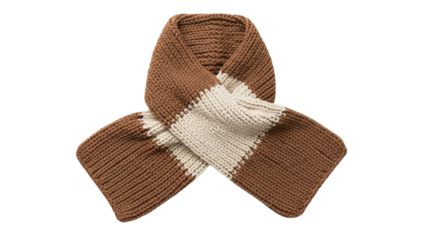 Crisscross knitted scarf PNG with braided cable pattern brown cream ribbed ends thick cozy winter accessory for fashion visuals and handmade promotions