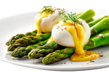 Poached eggs with hollandaise sauce on asparagus