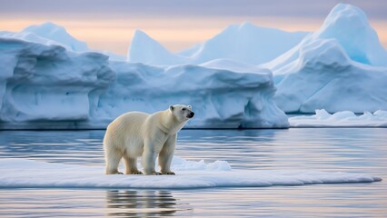 Polar bear standing on ice floes in icy arctic waters during sunset