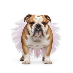 Obraz premium A cute bulldog in a pink ballet tutu poses against a white studio backdrop. The dog is facing forward with a calm expression.