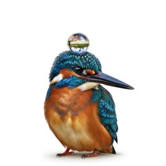 A vibrant kingfisher bird with intricate feather details, balanced by a clear droplet on its head reflecting a miniature landscape. Isolated on a clean white background.