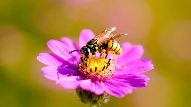 A Yellow Jacket Wasp gathers pollen from a bright, purple flower in summer sunshine.