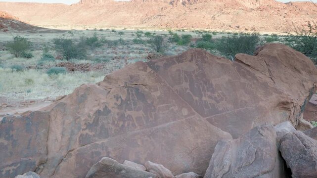 a tilt up wide shot of african rock art of various animals and symbols at twyfelfontein in namibia, africa